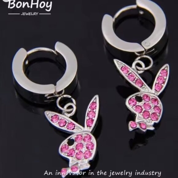 Pink Playboy Rhinestone Charm Bunny Lolita Earrings - Picture 2 of 2